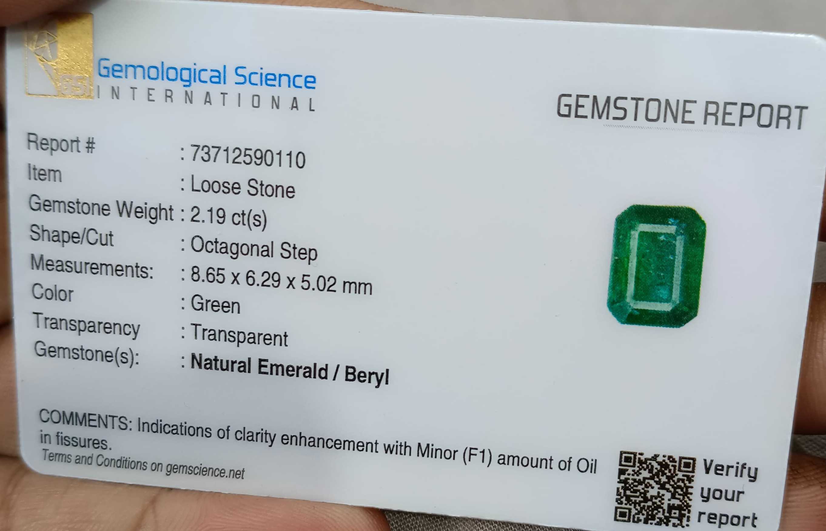 2.19ct Certified deep green natural octagon cut Zambian emerald gemstone