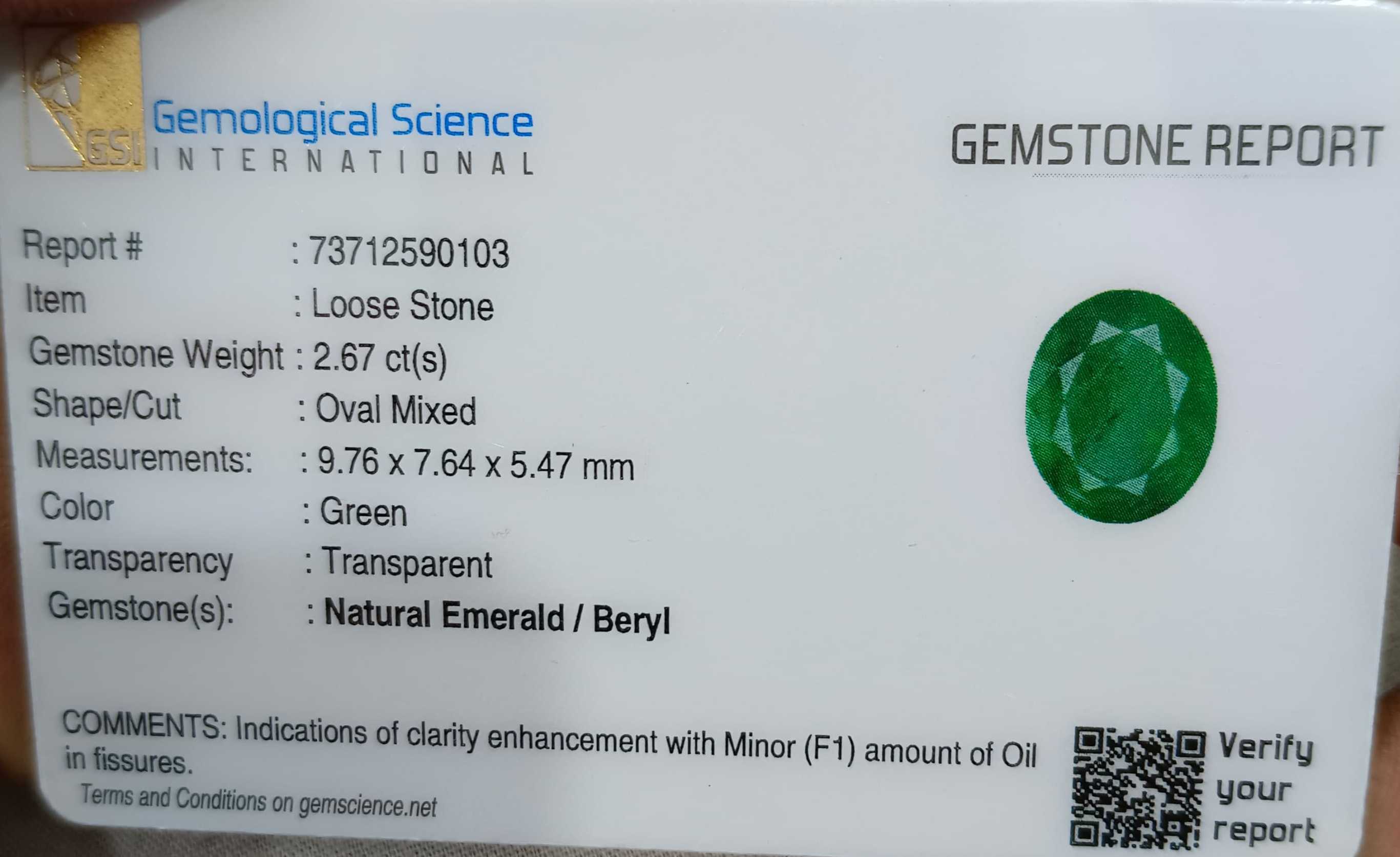 2.67ct GSI certified vivid deep green oval cut Zambian emerald stone 