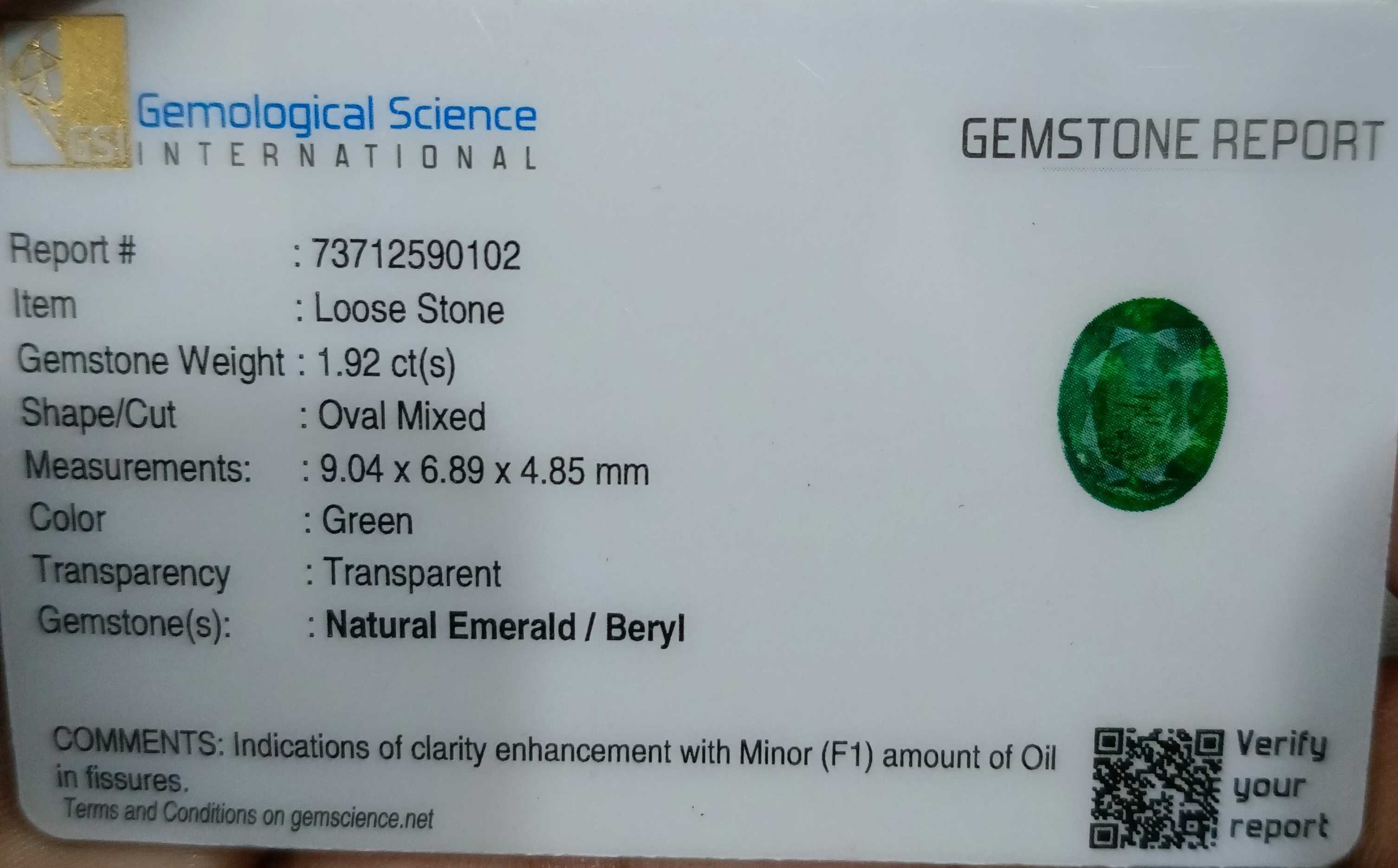 1.92ct GSI USA certified medium deep green oval cut Zambian emerald stone