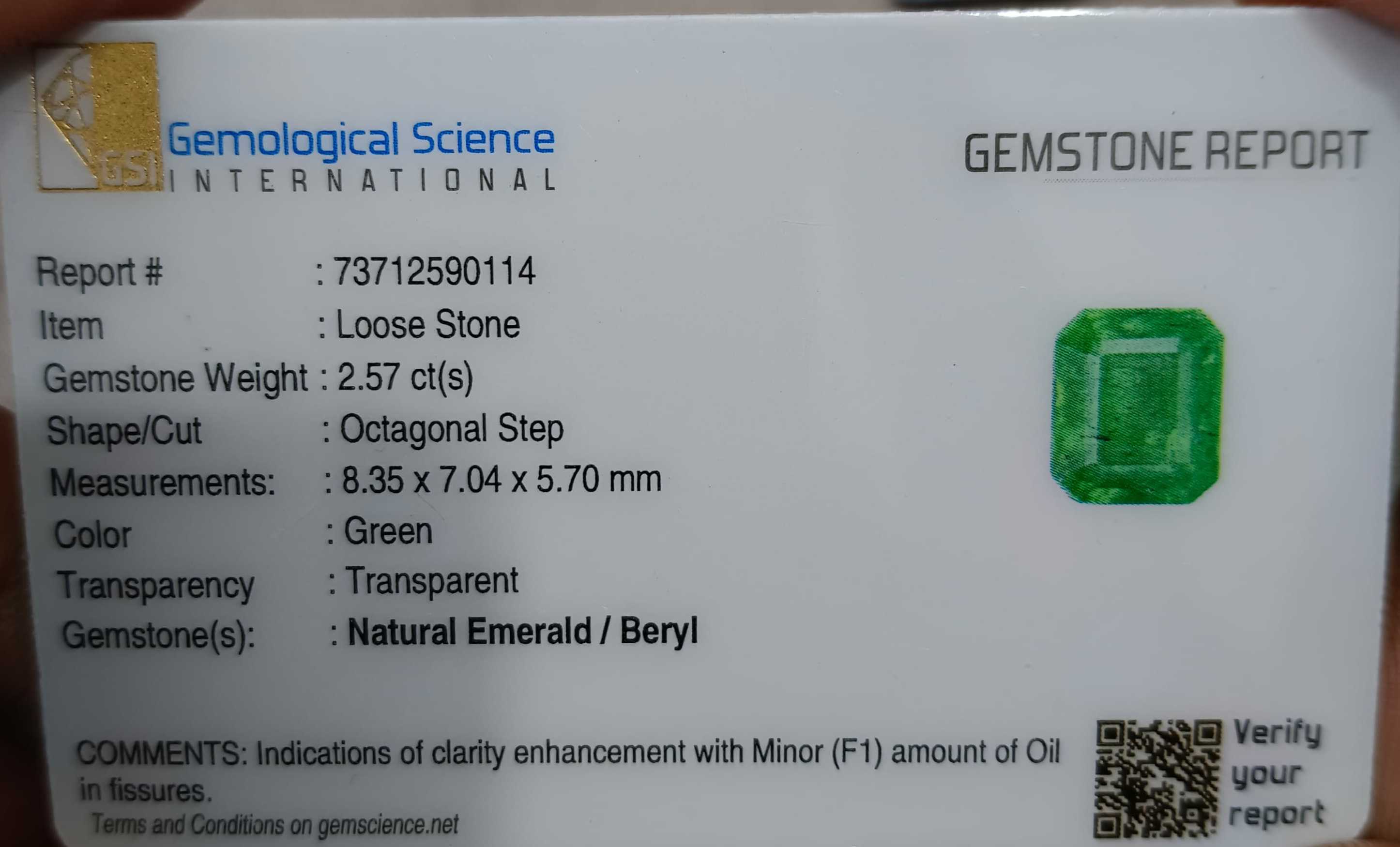 2.57ct GSI USA certified pastel green octagon cut Zambian emerald stone