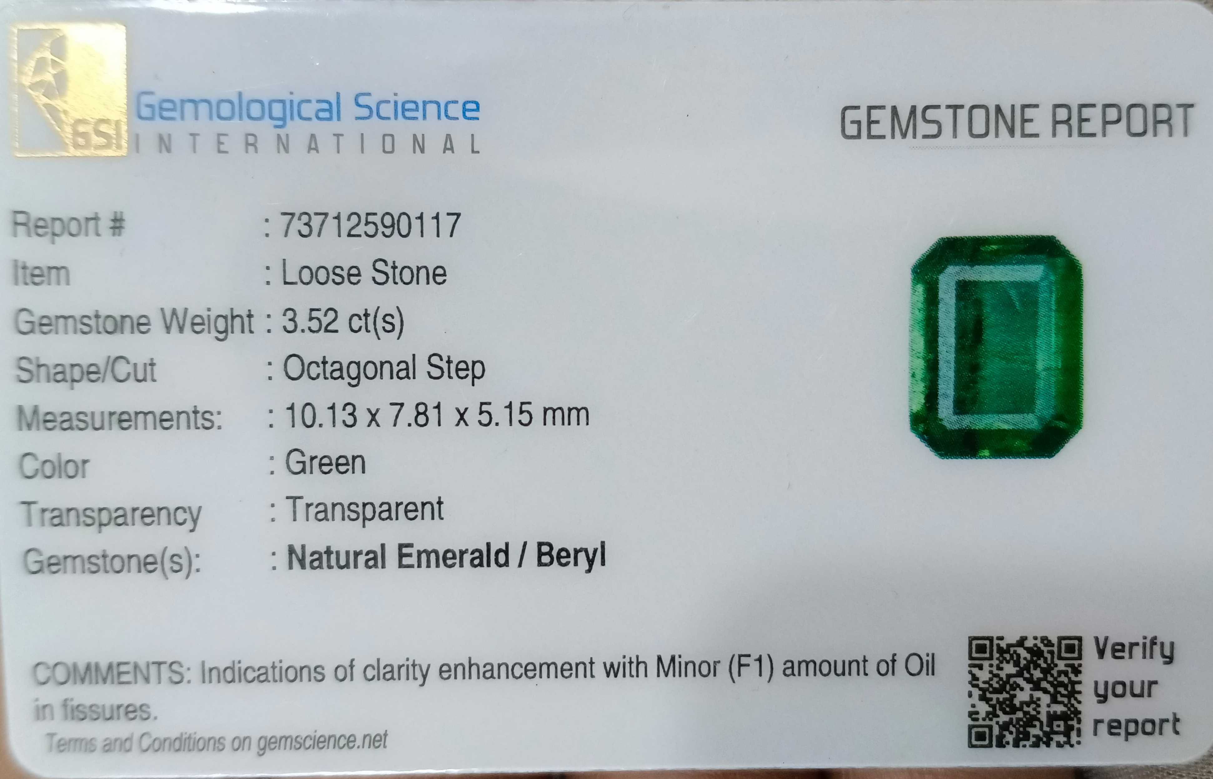 3.52ct GSI certified bright metal green octagon cut Zambian emerald stone