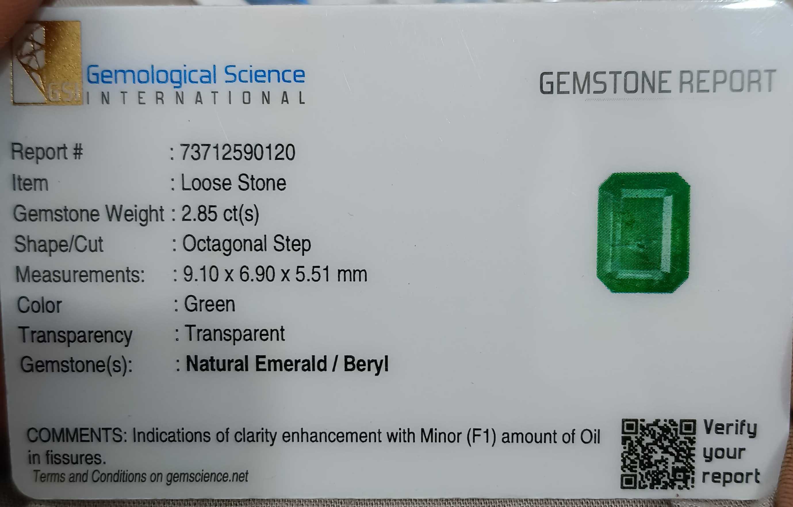 2.85ct GSI certified medium deep green octagon cut Zambian emerald