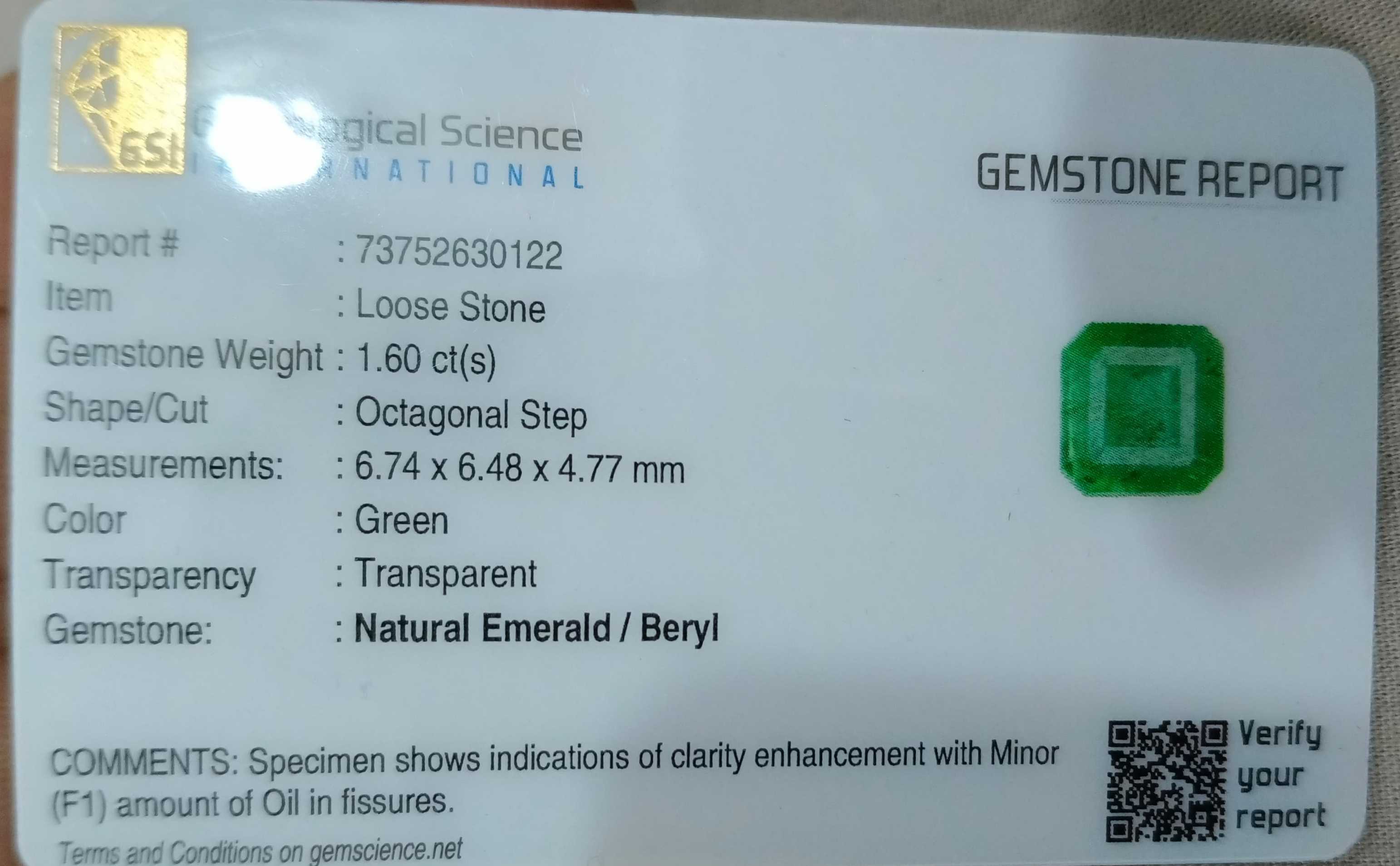 1.60ct GSI certified Zambian emerald medium sea green octagon cut stone 