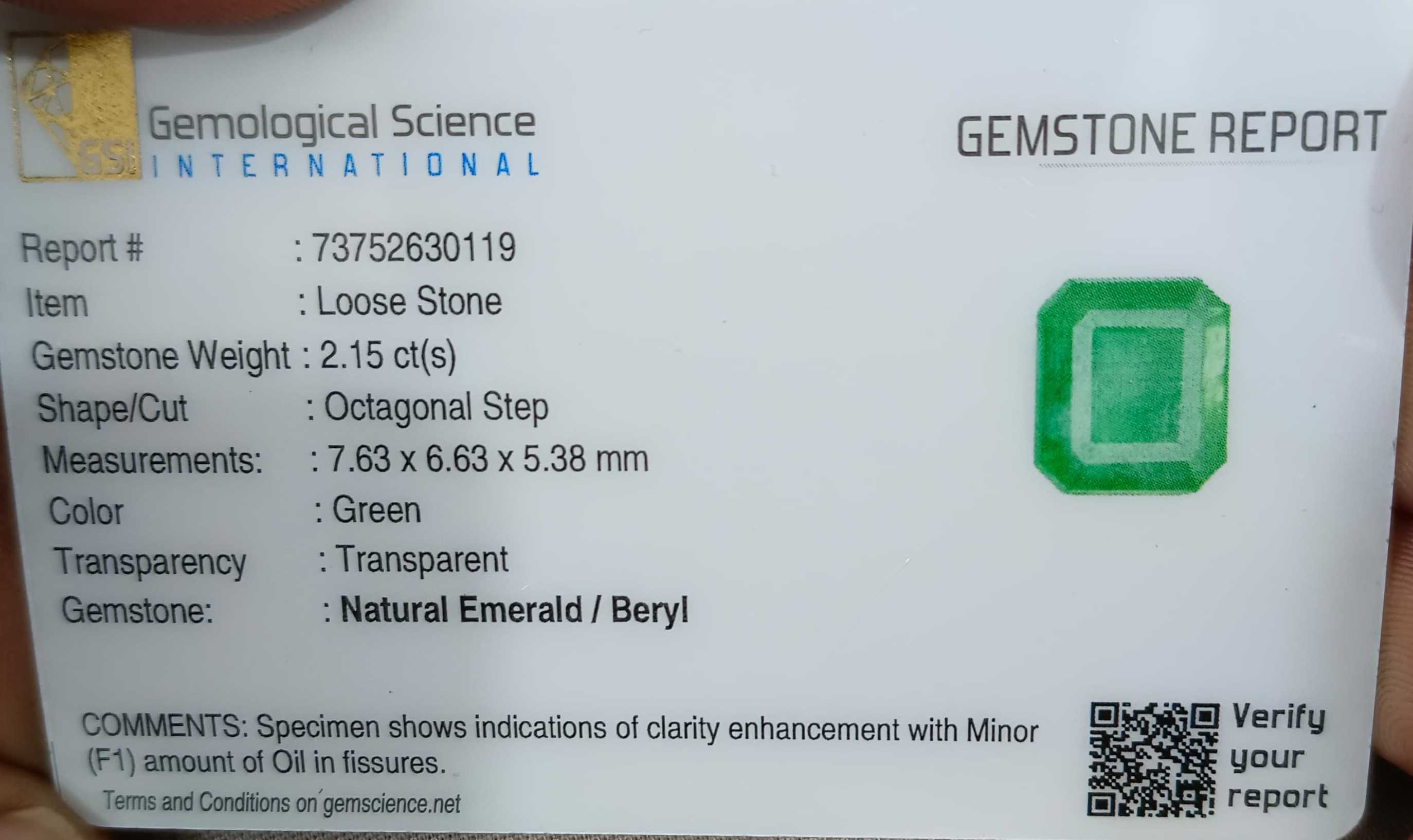 2.15ct Certified Natural Zambian emerald mediumgreen octagon cut stone 