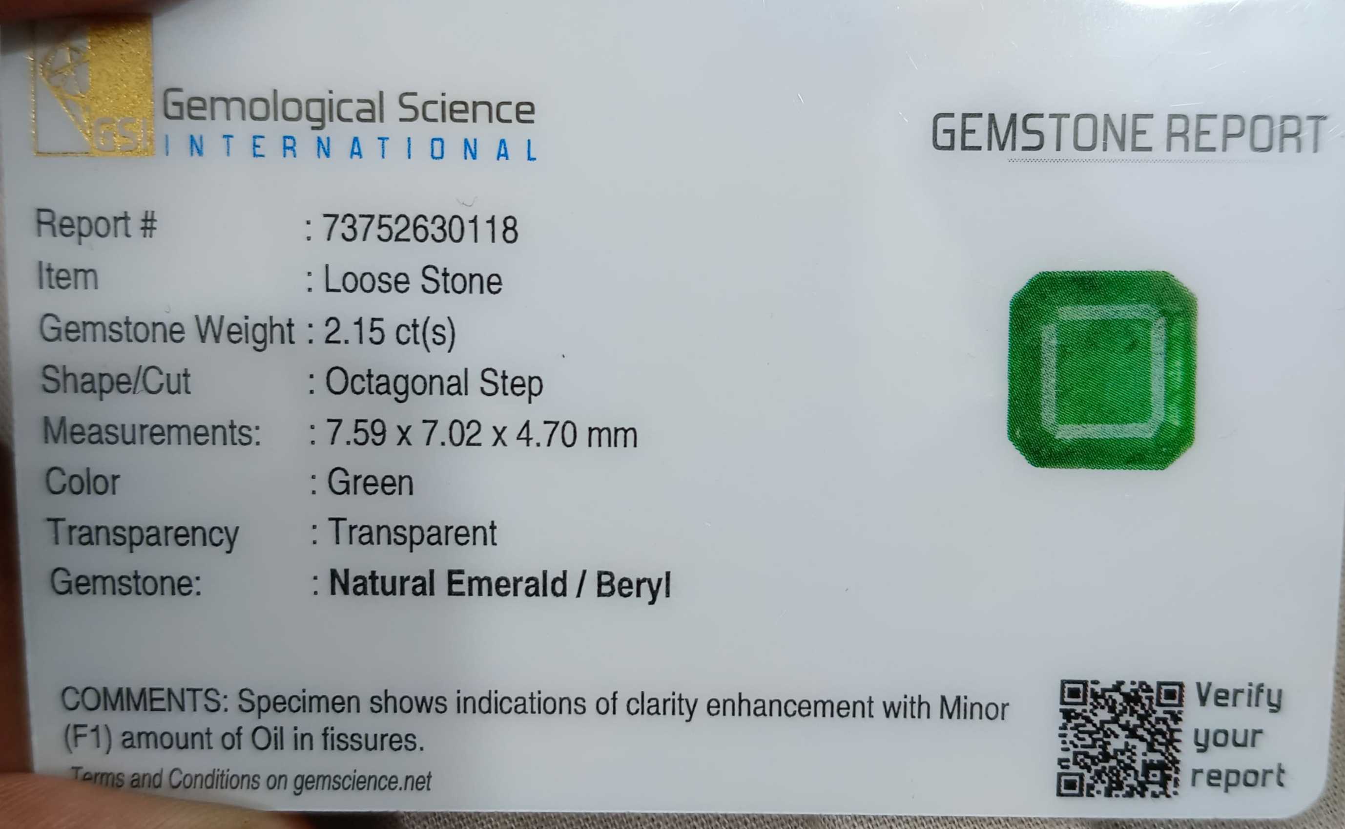 2.15ct GSI USA certified medium deep green Zambian emerald 