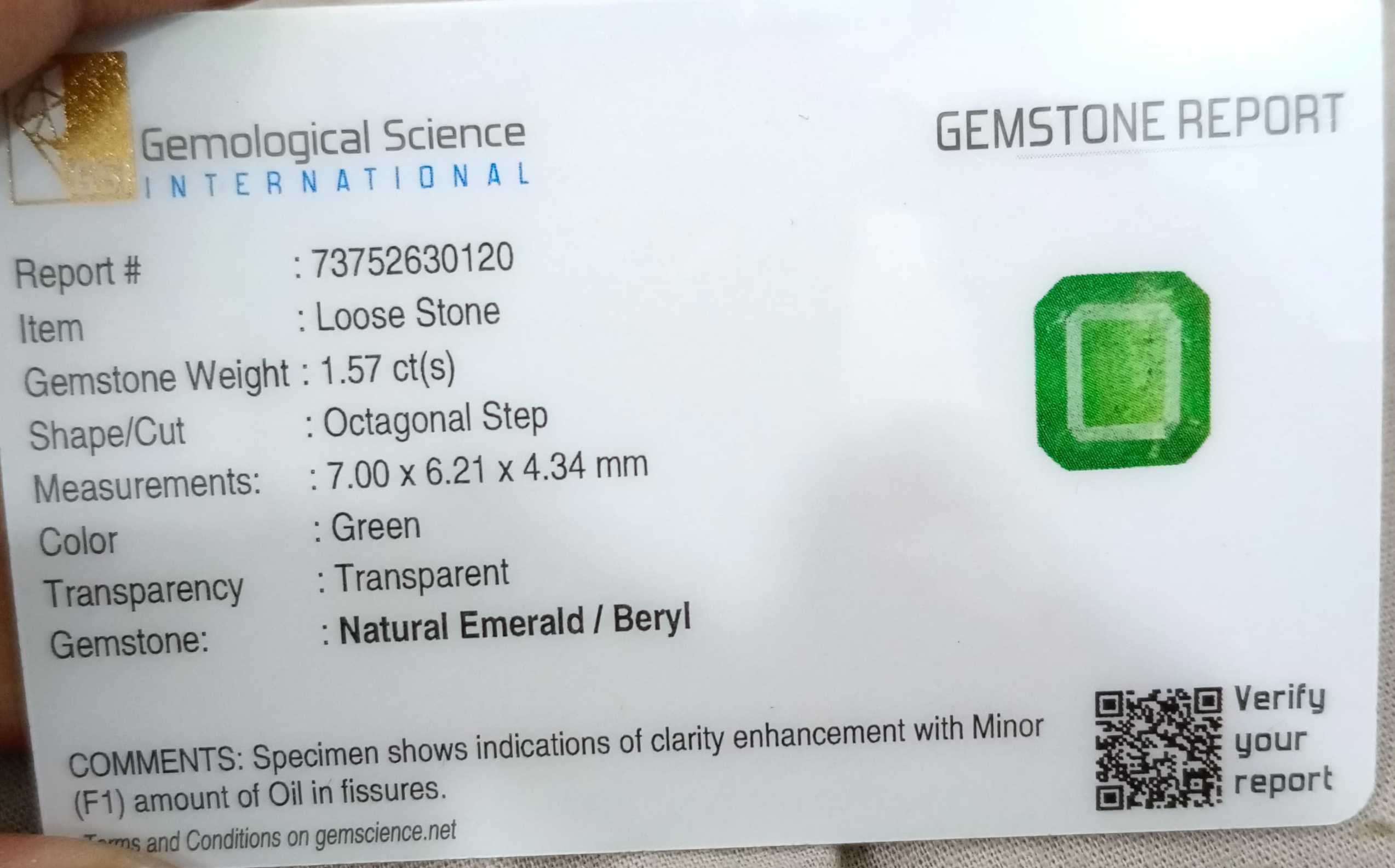 1.57ct Certified medium spring green octagon cut Zambian emerald gemstone 