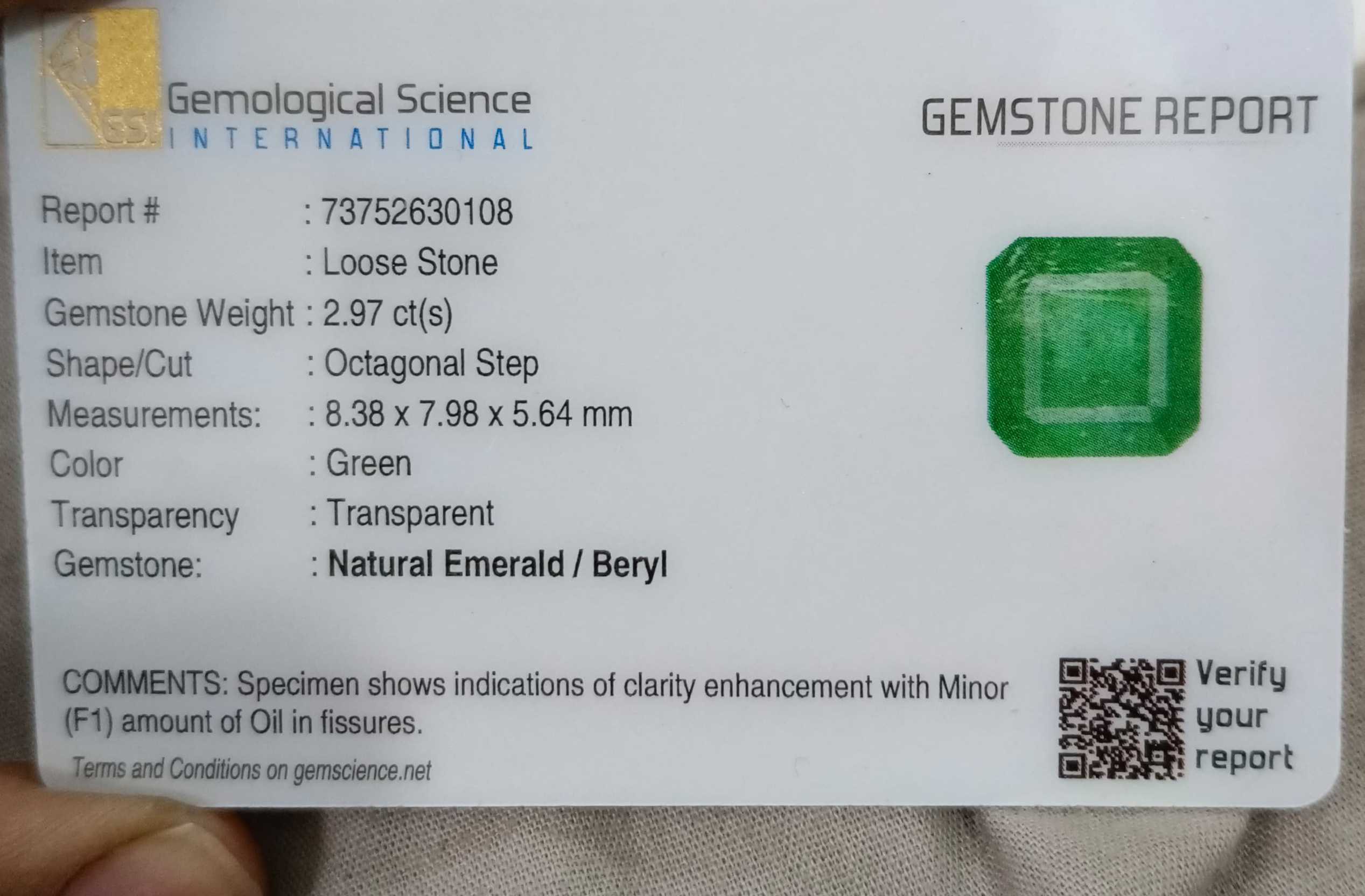 2.97ct GSI certified Zambian emerald medium spring green octagon cut stone