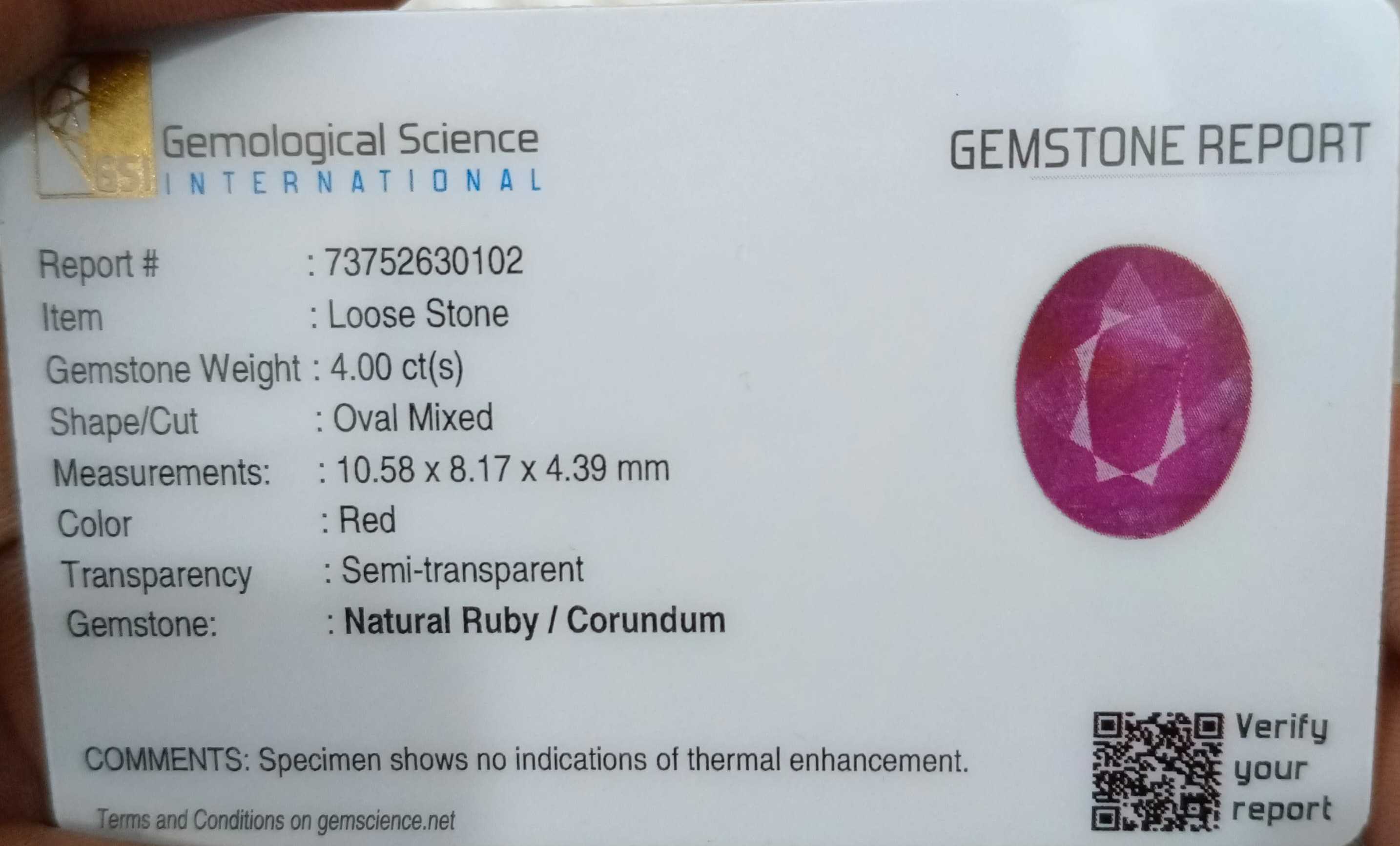 4.00ct GSI USA certified Mozambique ruby unheated purplish red oval cut gemstone 